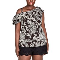 City Chic Women’s Trendy Plus Size Palm-Print Ruffle T-Shirt Tops