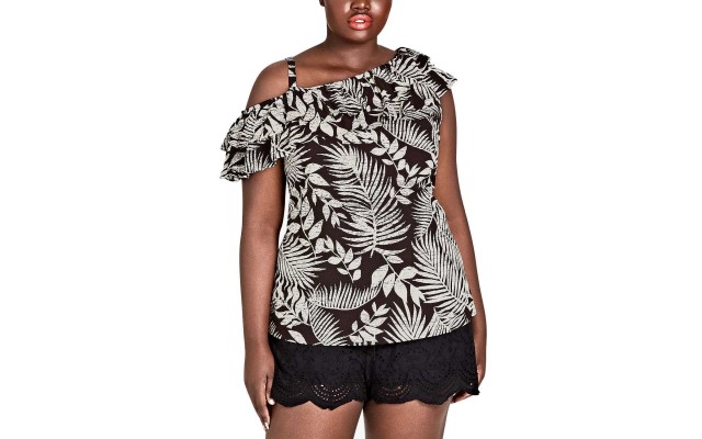  Women’s Trendy Plus Size Palm-Print Ruffle T-Shirt Tops