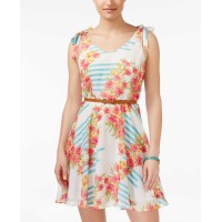 City Studios Juniors’ Belted Floral-Print Fit & Flare