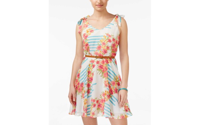 s Juniors’ Belted Floral-Print Fit & Flare