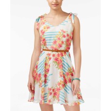 City Studios Juniors’ Belted Floral-Print Fit & Flare