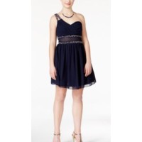 City Studios Junior’s Embellished Illusion Fit & Flare Dress (Navy, 1)