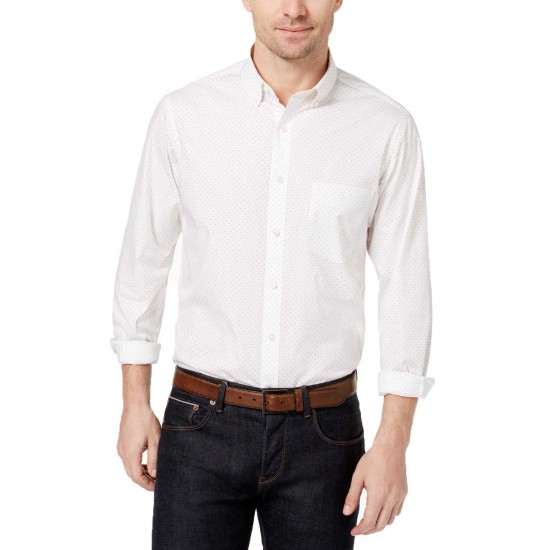  Dot-Print Long-Sleeve Stretch Dress Shirt (Bright White, XL)