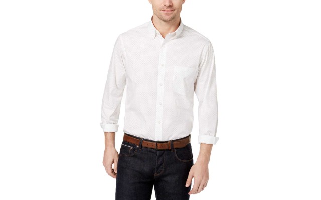  Dot-Print Long-Sleeve Stretch Dress Shirt (Bright White, XL)