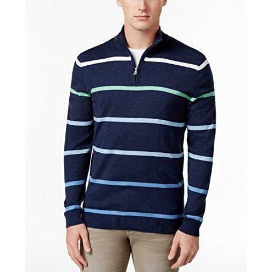  Mens Medium Striped 1/2 Zip Silk Sweater (Blue, M)