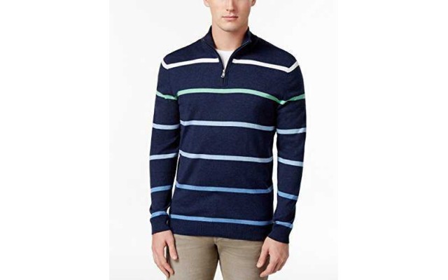  Mens Medium Striped 1/2 Zip Silk Sweater (Blue, M)