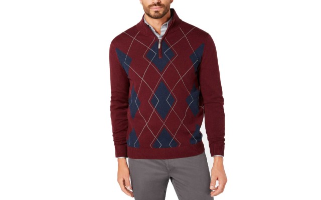  Men’s Quarter-Zip Argyle Sweater (Red, S)