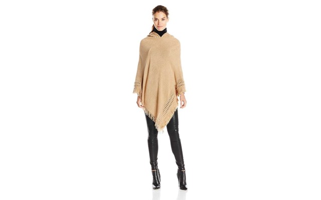 Collection XIIX Women’s Ladder Stitch Hooded Poncho, Sepia Sand, One Size