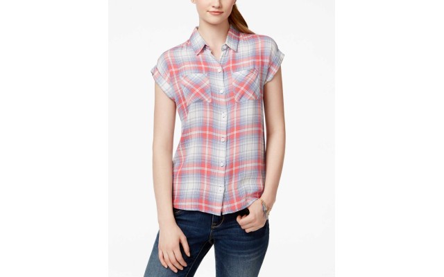 Confess Juniors’ Plaid Short-Sleeve Shirt, Size SMALL