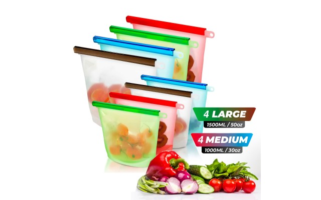  Food-Grade Silicone Reusable Food Storage Bag, Lunch Bag & Snack Bag with Zip-Lock – Stand Up Food Preservation Bag with Heat and Cold Resistance