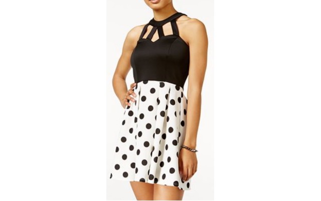  Juniors’ Cutout Polka-Dot Fit & Flare Dress (Black/White, 11)