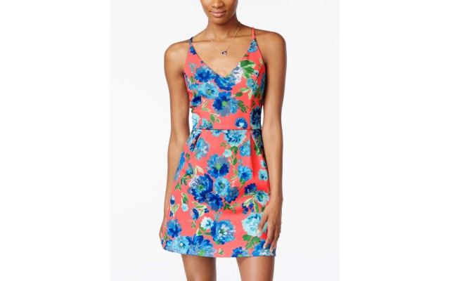  Juniors' Printed Crisscross-Back Scuba Fit & Flare Dress, Pink, 3