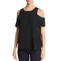 Design History Asymmetric Ruffle Cold-Shoulder Top (Black, XS)
