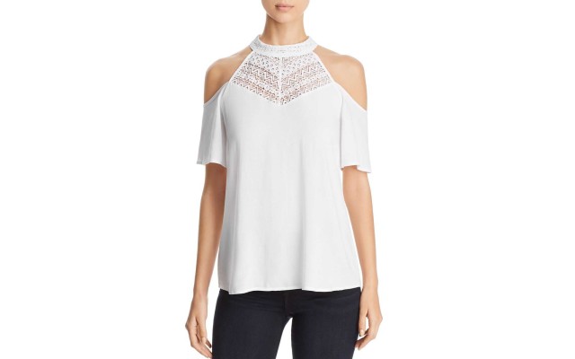  Lace Front Cold Shoulder Top (White, S)