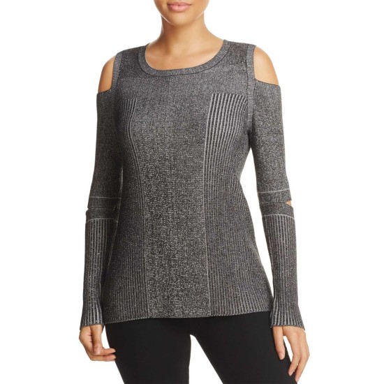  Women's Cold Shoulder Slit Elbow Sweater Top, Black, X-Large