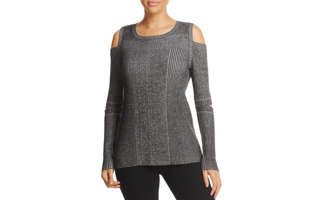  Women's Cold Shoulder Slit Elbow Sweater Top, Black, Small