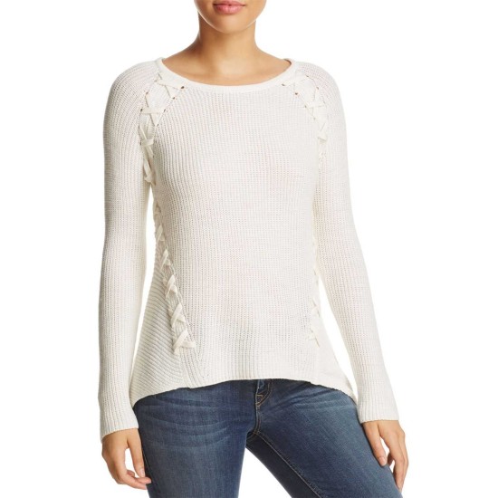  Women's Shark Bite Lace-Up Ribbed Sweater Top, Pearl, Large