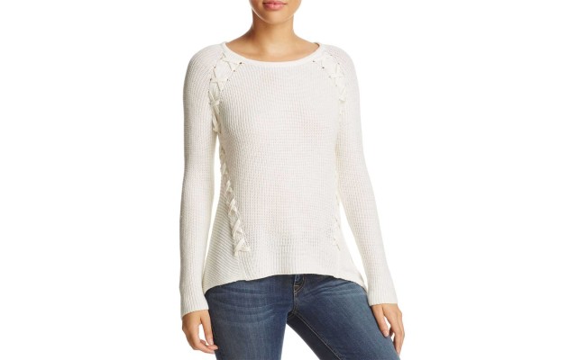  Women's Shark Bite Lace-Up Ribbed Sweater Top, Pearl, Large