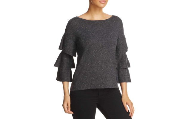  Women's Tiered-Sleeve Sweater Top, Grey, Large
