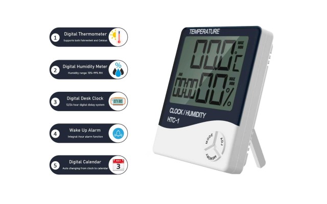 Digital Multifunctional Desk Clock with Thermometer, Humidity Checker, Alarm Clock, Calendar, Digital Clock with 5 Functions, Alarm Clock for Nightstand, Kitchen Timer