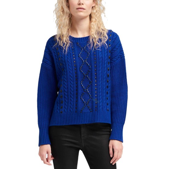  Faux-Leather Cable-Knit Sweater (Blue, S)