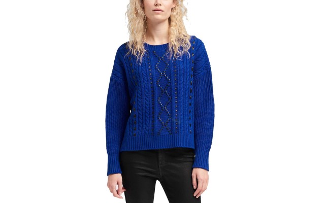  Faux-Leather Cable-Knit Sweater (Blue, S)
