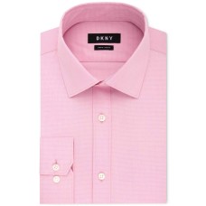 DKNY Men’s Slim-Fit Stretch Mini Check Dress Shirt (17″ Neck 36″-37″ Sleeve, Pink)