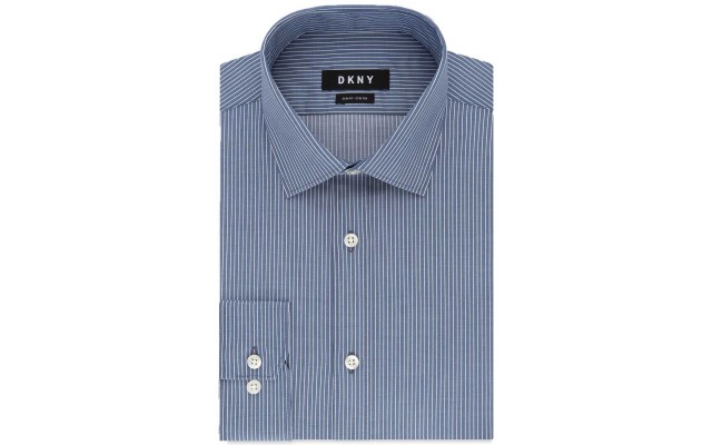  Men’s Slim-Fit Stretch Stripe Dress Shirt (Blue, 16X32-33)