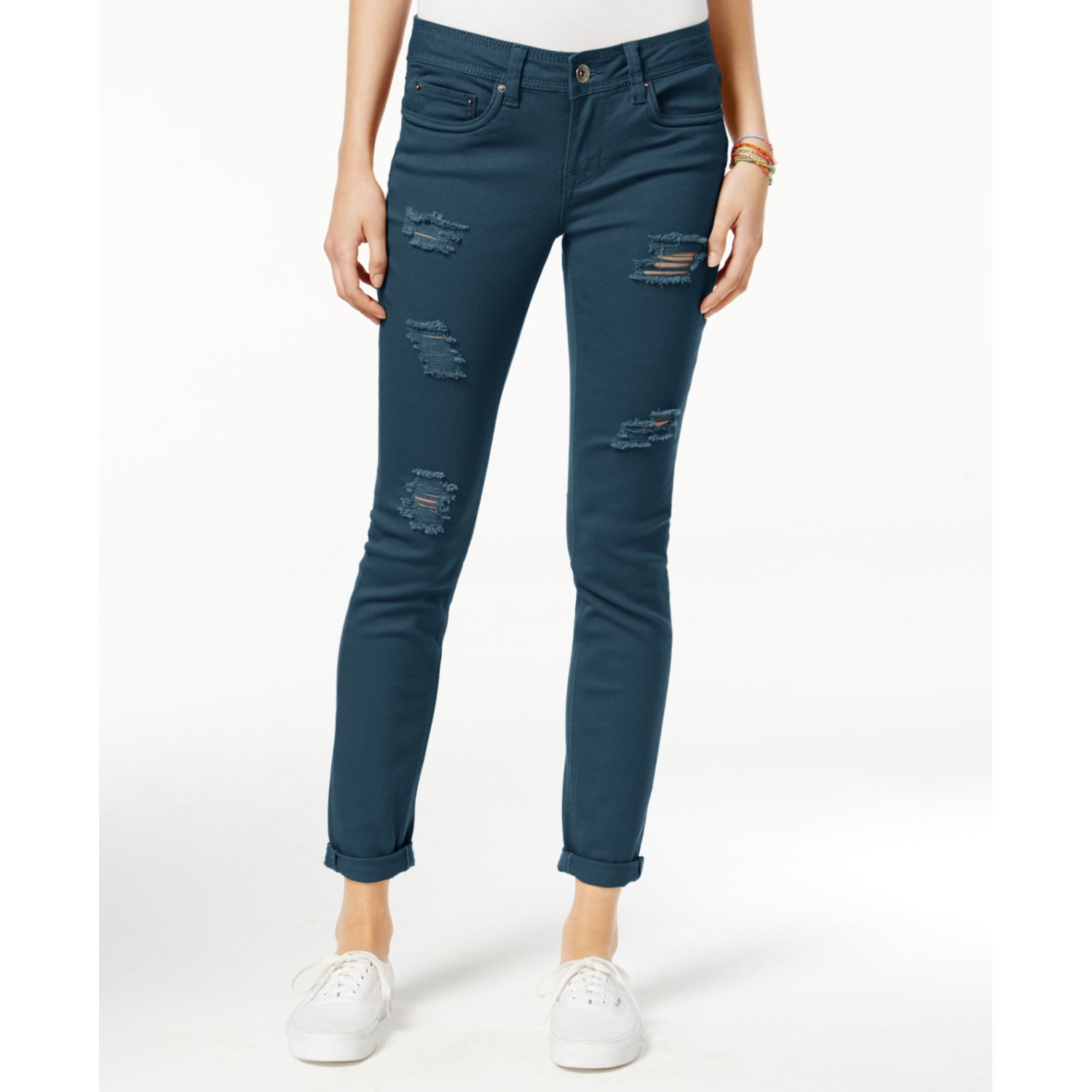 Dollhouse Juniors’ Ripped Colored Wash Rollup Skinny Jeans(Azul, 3)