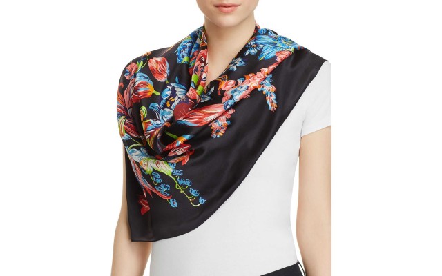  Design Adelaide Floral Silk Square Scarf (One Size, Navy)
