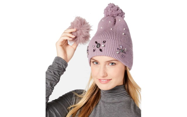 Embellished Beanie with Pom Pom (Purple)