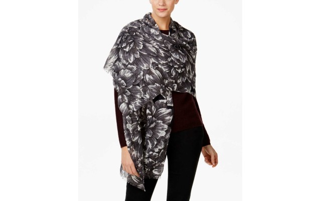 Woman’s Painted Floral Wrap Shawl Scarf – Black One Size