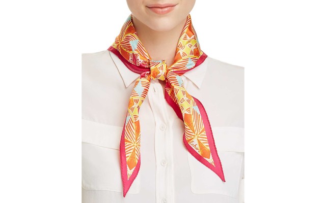  Women's Coastal Tile Print Silk Diamond Scarves, Bright Orange