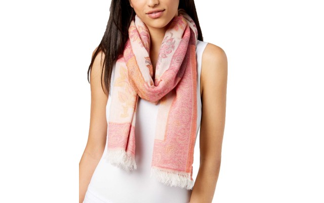  Women’s Lotus Floral Jacquard Fringed Scarf (Pink)