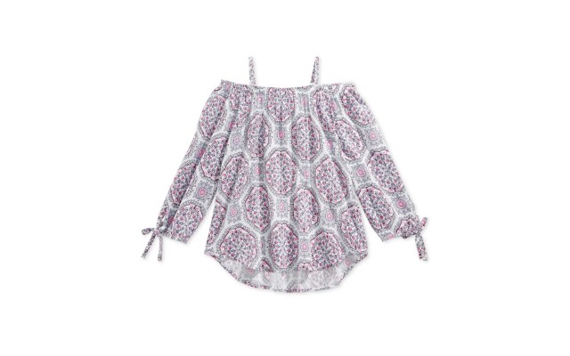  Floral-Print Peasant Top, Big (Light Purple, XL)