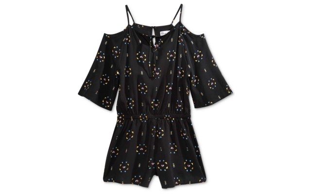  Girl's Printed Cold-Shoulder Rompers, Deep Black, Small