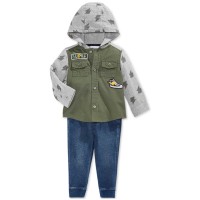 First Impressions Baby Boys’ 2-Pc. 3-6M Hooded Utility Shirt & Pull-On Denim Pants Set – Green