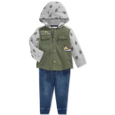 First Impressions Baby Boys’ 2-Pc. 3-6M Hooded Utility Shirt & Pull-On Denim Pants Set – Green