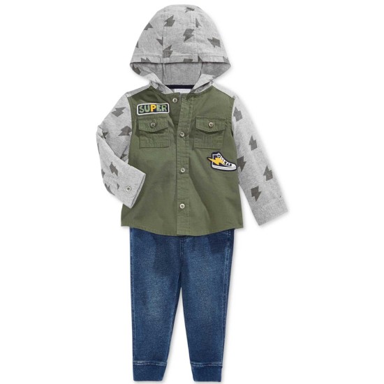  Baby Boys’ 2-Pc. 3-6M Hooded Utility Shirt & Pull-On Denim Pants Set – Green