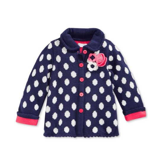  Baby Girls’ Dot-Pattern Collared Intarsia Cardigan – Navy Blue 6-9M