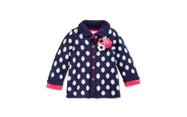 Baby Girls’ Dot-Pattern Collared Intarsia Cardigan – Navy Blue 6-9M