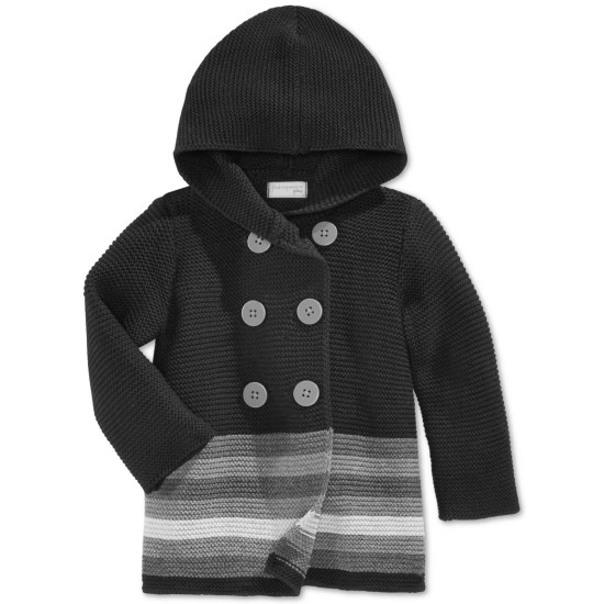  Baby Girls’ Double-Breasted Striped Hooded Sweater – Black 3/6M