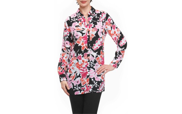  Women's Jade Blooming Floral Tunic Shirts, Red Flower, 10AV/MD/RG