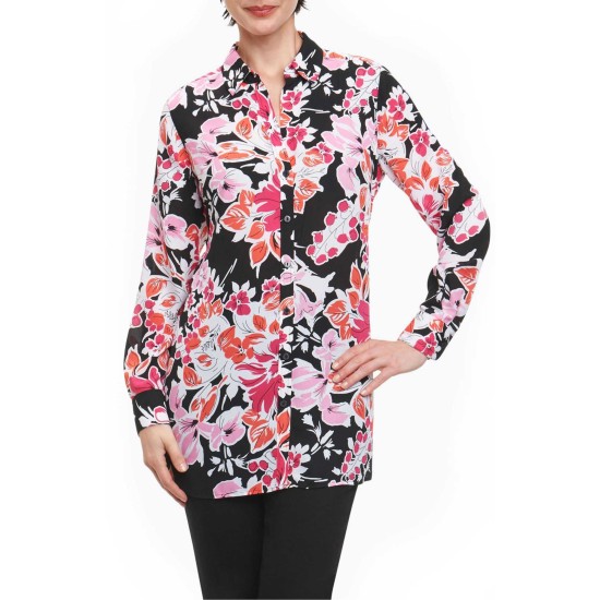  Women's Jade Blooming Floral Tunic Shirts, Red Flower, 8AV/MD/RG