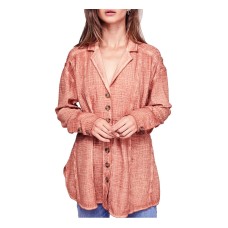 Free People Women’s All About The Feels Button Shirt (Peach, Medium)