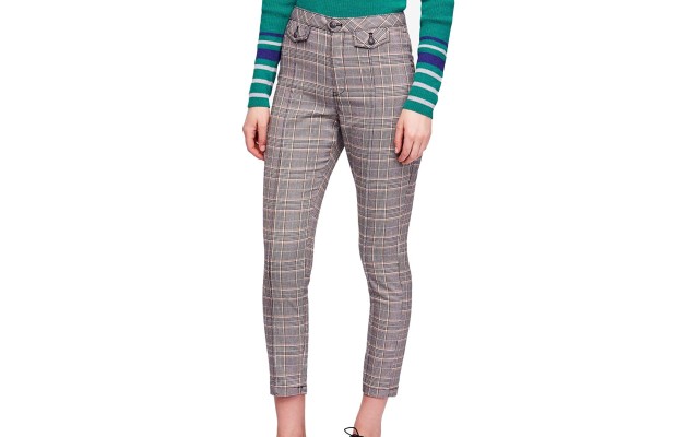 Womens Tailored Plaid Cropped Pants (Black, 0)