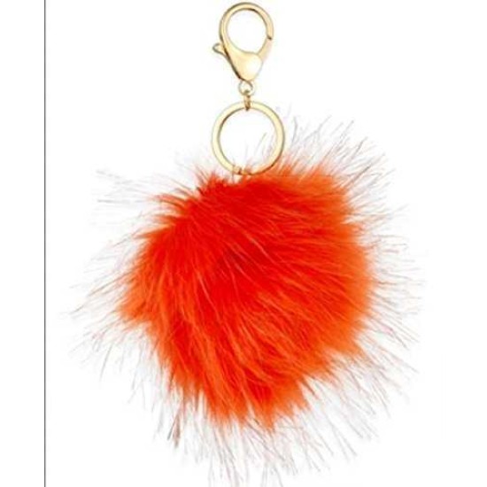 Fuzzy Keyfob In Bright Orange Synthetic Yarn, Gold Hardware,