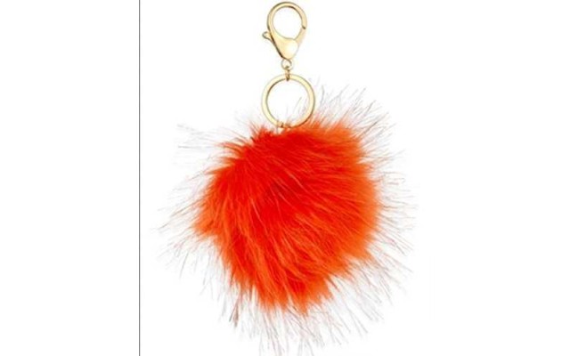 Fuzzy Keyfob In Bright Orange Synthetic Yarn, Gold Hardware,