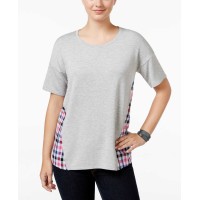 G.H. Bass & Co. Top Jersey Knit Front Linen Plaid Back Top Gray / Pink, SIZE XS