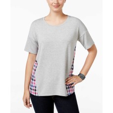 G.H. Bass & Co. Top Jersey Knit Front Linen Plaid Back Top Gray / Pink, SIZE XS